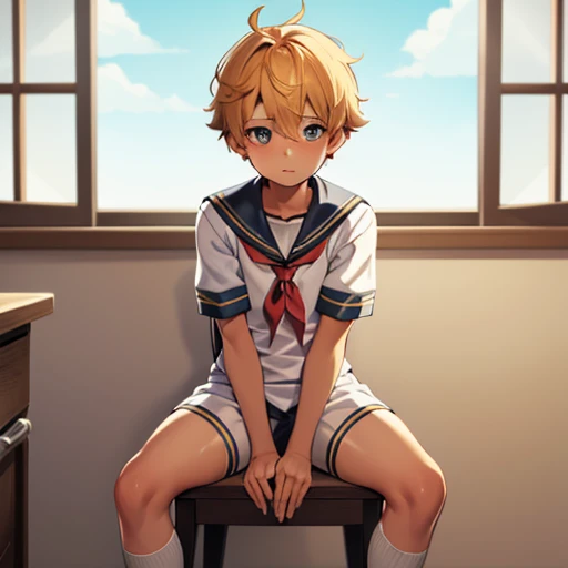 1boy, anime, twink, sailor costume, revealing, streaming, flushed, sitting at desk, cute, tan skin