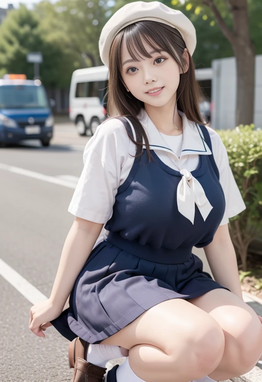 Top quality,Ultra Detailed,masterpiece,Realist,照piece真实,Bright Lights,1 girl in, very pretty girl, (Kawaii:1.2),To crack a smile, Black eyes,A black-haired one,bob cuts,Berets、(Bangs),Perfect and radiant skin,flawless skin,((piece,y)),huge ,Bigd thin waist, short and small、look at the audience,Sailor Suit,high school uniform:1.2、Short sleevee,Sit on it,Socks、Futomo、Backpack、(Loafers), daytime,Bus interior,