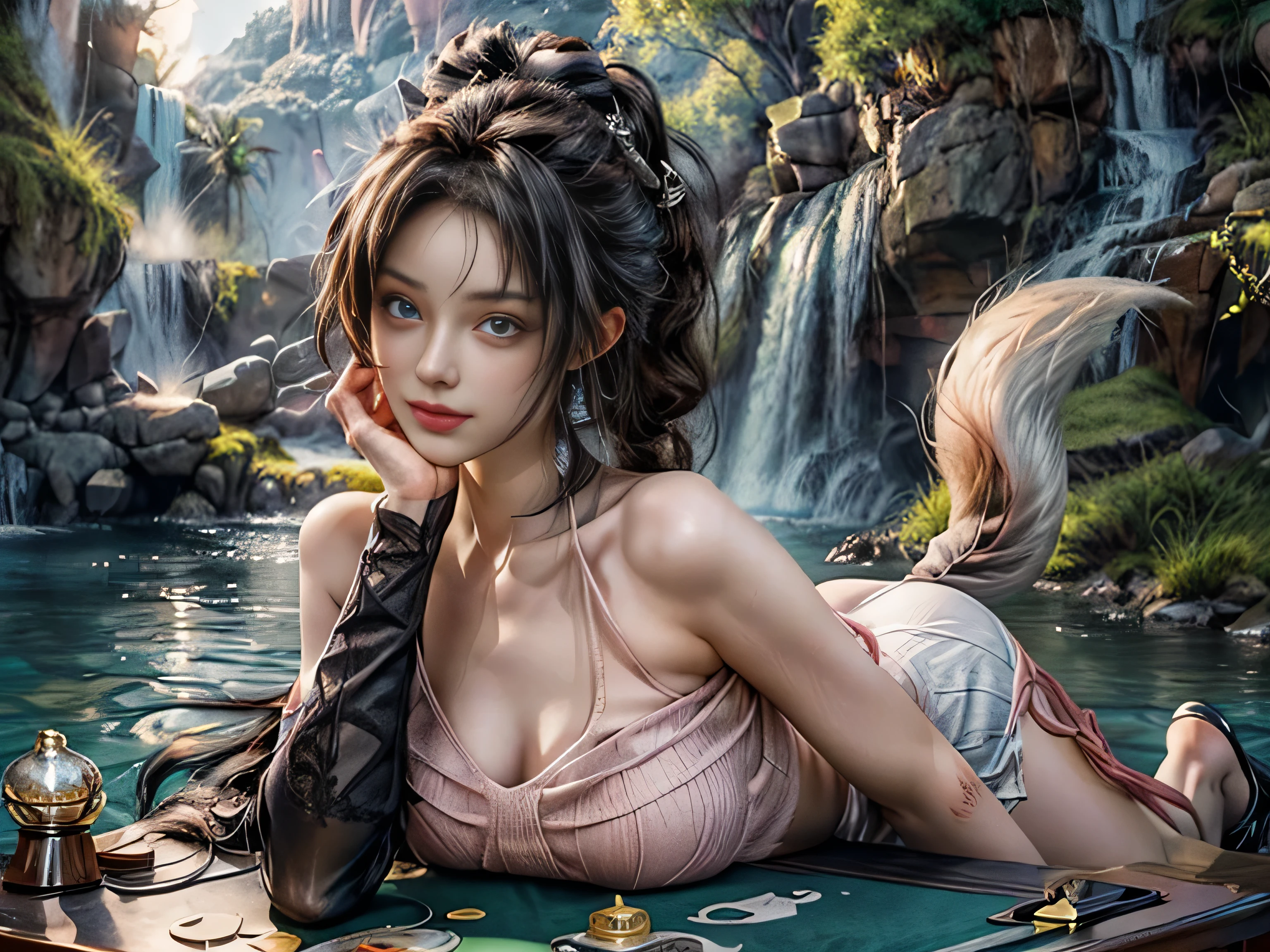 (Best quality, 8K, masterpiece, HDR, soft lighting, perfect image, realistic, Bright), a guy and a fox girl play Go against the backdrop of a mountain waterfall, landscape with a mountain waterfall in the background, sitting foxes guy and girl behind a goban (Go board), [(handsome man, he has beautiful blue eyes and a kind smile, black hair, naked torso with developed body, (Beautiful fox girl with green eyes, red hair, innocent expression)], (Fantasy ultra high quality art, latest fantasy), masterpiece, Ultra high quality male and female character designs, anime art with 8k development, realistic anime art, wallpaper illustrations of the highest quality, complex ultra high quality accurate faces of male and female characters, high quality design and precision physics (ultra high quality fantasy style)), art, dark fantasy)) Style), Masterpieceы, super quality characters, resolution anime - 8k, realistic anime art, highest quality wallpaper illustration, Ultra-high facial detail, high-quality design and physics accuracy), by color, depth of field, to the shadows, ray tracing, high quality and production of computer wallpapers in 8K resolution. (Accurate simulation of the interaction of light and material)], [Carefully detailed hair [Read more about beautiful and shiny hair]], (Perfectly detailed hands [perfect fingers [Beautiful nails]], (perfect anatomy (perfect proportions)) [[ Look at full growth]], [Ideal color coordination (Accurate simulation of the interaction of light and material)], [art, conveying the meaning of history], [game in Go]