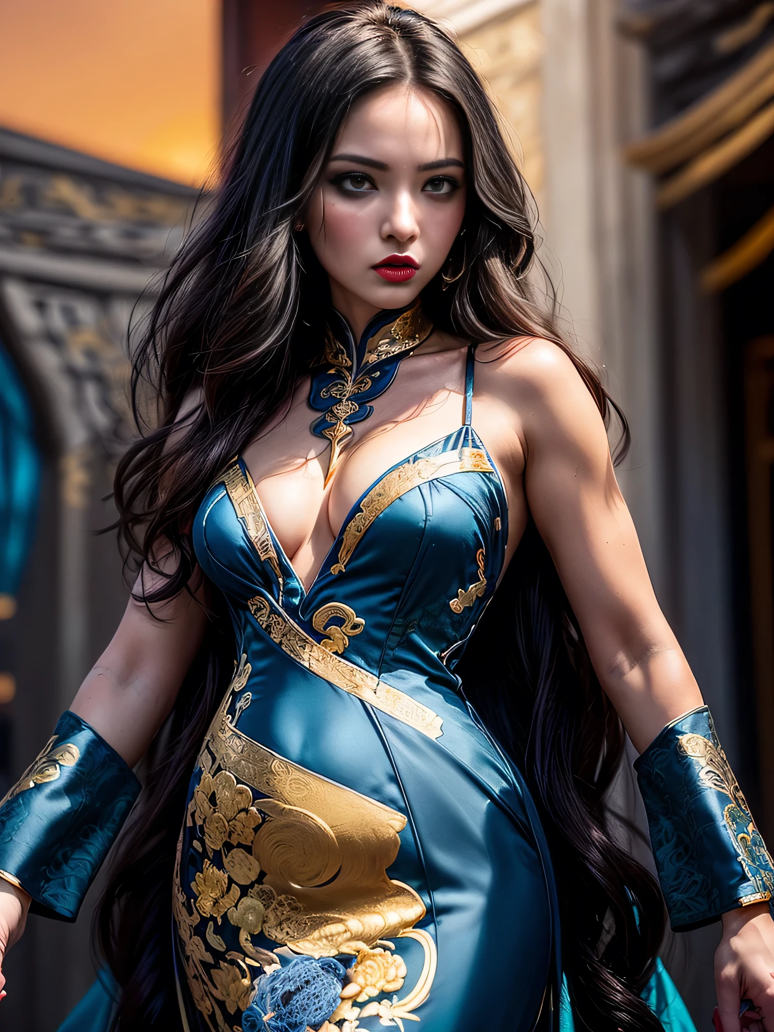 (masterpiece), (extremely intricate:1.3), (realistic), portrait of a muscular girl, ((((detailed woman, ((blackout gothic eye makeup, red lips, strong square cleft chin, arrogant, [flat chest:medium breasts:0.8]), long wavy [blonde hair:dark hair:0.2], (((bright blue gold chinoiserie evening gown))))))), freckles:1.0, professional lighting, photon mapping, radiosity, physically based rendering, ultra resolution, hyper-realistic), metal reflections, upper body, outdoors, intense sunlight, far away castle, professional photograph of a stunning woman detailed, sharp focus, dramatic, award winning, cinematic lighting, volumetrics dtx, (film grain, blurry background, blurry foreground, bokeh, depth of field, sunset, interaction, photorealistic:1.4), 8K