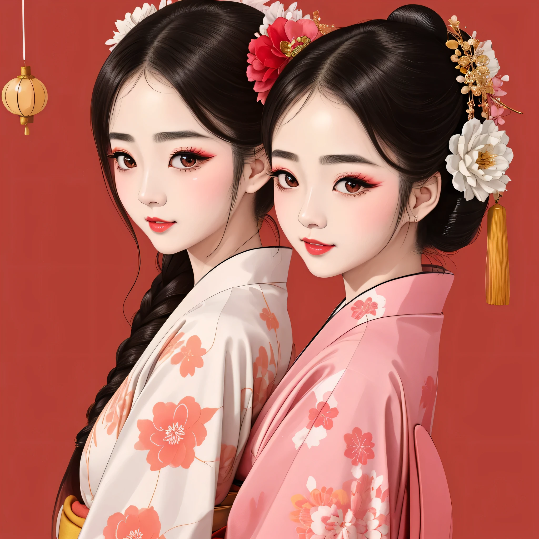 Each has a different expression2People and sisters、(2 girls)、⦅Dancing traditional arts with grace)、((Big Breasts、Small Face、Not exposed))、highest quality、masterpiece、(Black Hair、Bun Hair)、Brown Eyes、⦅Wide angle、Angle from above the waist、Pause on the magazine cover、Their gazes are different, gazing into the distance⦆、(8K High Quality、masterpiece、High resolution、Realistic and beautiful light and shadow、(highest quality)、(High Resolution)、(Very delicate and beautiful)、(Beautiful 8k face)、(With a smile、Beautiful eyes)、(Clear skin)、(Soft hair)、(8Head to Body)、(A Japanese style yukata kimono with red, pink and orange floral patterns on a white background, interspersed with gold powder、Wearing a yukata2Beautiful Japanese girls)、((Tanabata decoration background))、((Small Face))、(arms up)、Thin and small nose、(Red lipstick)、(Make your cheeks red)、(Glossy skin)、((Ink painting style))、Very thin eyebrows、Overall ultra-high image quality、(She is wearing maiko-style makeup.)、Whitening、Long and beautiful eyelashes、Glowing Skin、(Red cheeks),Straight nose、masterpiece、highest quality、whole body、 Eyebrows visible through hair、Bun Hair、Grin、Gal、Gal、Viewer's Eyes、Plaid、Stylish、woman、fine、Pause、Waiting for painting to start
