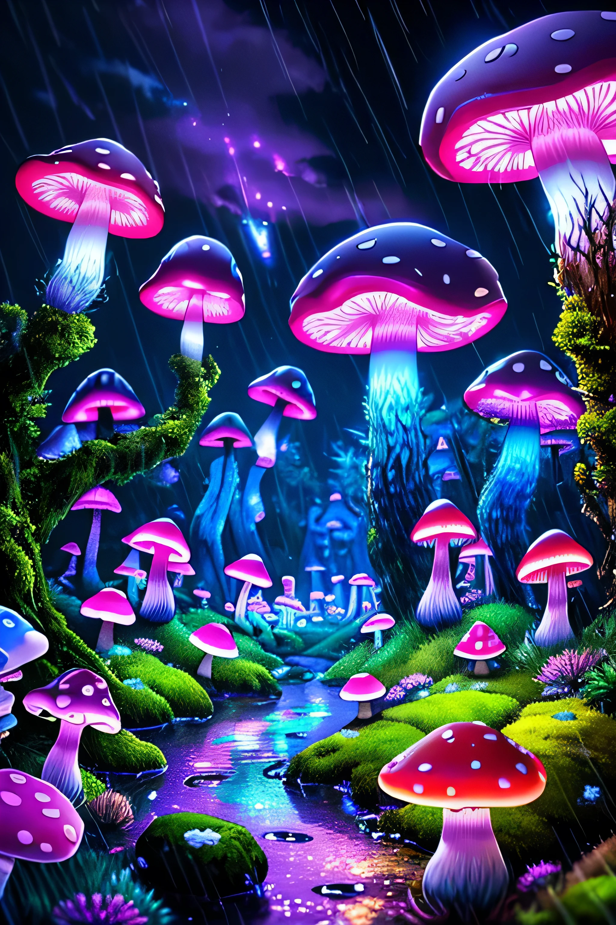 (Very detailed:1.2),(highest quality:1.2),8k,Sharp focus, (Scattered beneath the surface of the water:1.1)、rain、rain、rain、Forest road、(Forest roadが長く続いている)、(Glowing magical bioluminescent mushrooms:1.2),Psychedelic magic particles in the air, (neon bioluminescent mushroom forest at night:1.2), (magic firefly:1.2) (Very detailed trees、Rocks and moss:1.2), (Very detailed background:1.3), roleplaying game, Eldon Ring Style, (Fantasy:1.3),(Surreal:1.1), (((night))), Cinema Lighting, Very detailed, Art Station,Smooth, Sharp focus, Types of bacteria, Greg Rutkoski, Edited selection, trending on Art Station, Trending on deviantart, Knock me out, (By comparison:0.4),