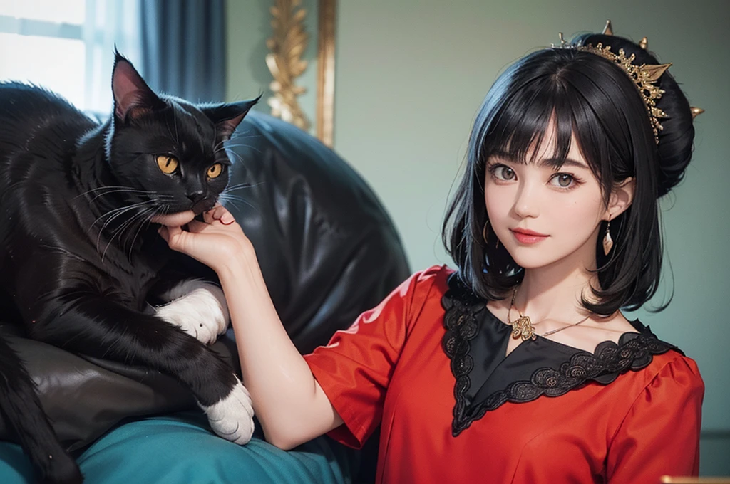 ((1 Woman)), (((black shorthair cat))), (Masseter muscle tablets:1,2)、Top quality、masterpiece、High resolution、The original、highly detailed wallpaper、Dress code、luxury necklace, Smile、a small face、(Chest)、(Red or blue dress)、Live action style
