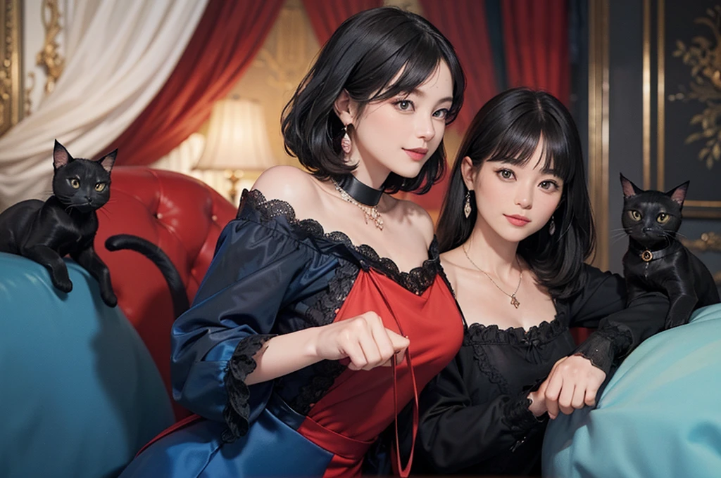 ((1 Woman)), (((black shorthair cat))), (Masseter muscle tablets:1,2)、Top quality、masterpiece、High resolution、The original、highly detailed wallpaper、Dress code、luxury necklace, Smile、a small face、(Chest)、(Red or blue dress)、Live action style