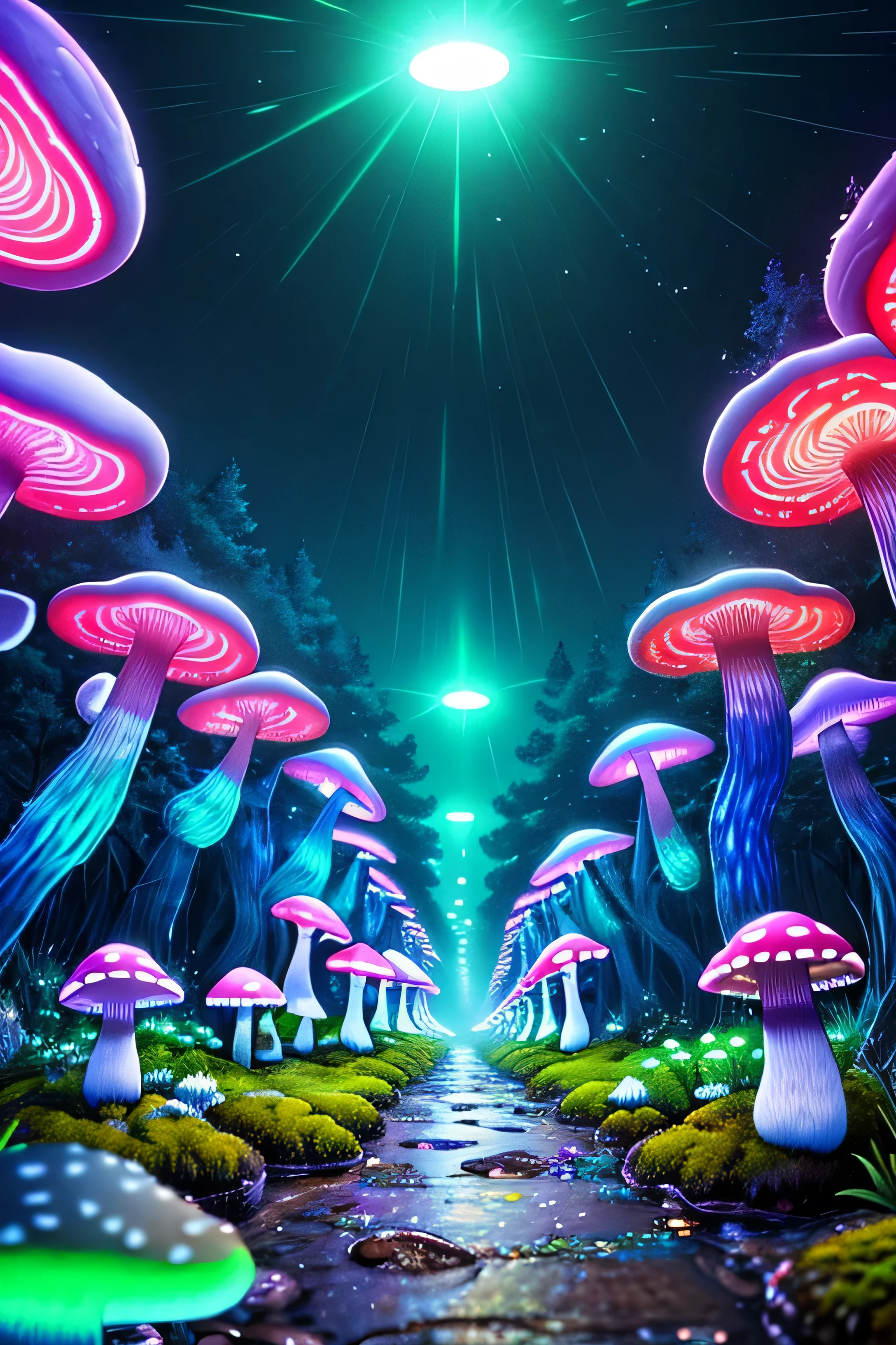 (Very detailed:1.2),(highest quality:1.2),8k,Sharp focus, (Scattered beneath the surface of the water:1.1)、rain、rain、rain、Forest road、(Forest roadが長く続いている)、(Glowing magical bioluminescent mushrooms:1.2),Psychedelic magic particles in the air, (neon bioluminescent mushroom forest at night:1.2), (magic firefly:1.2) (Very detailed trees、Rocks and moss:1.2), (Very detailed background:1.3), roleplaying game, Eldon Ring Style, (Fantasy:1.3),(Surreal:1.1), (((night))), Cinema Lighting, Very detailed, Art Station,Smooth, Sharp focus, Types of bacteria, Greg Rutkoski, Edited selection, trending on Art Station, Trending on deviantart, Knock me out, (By comparison:0.4),