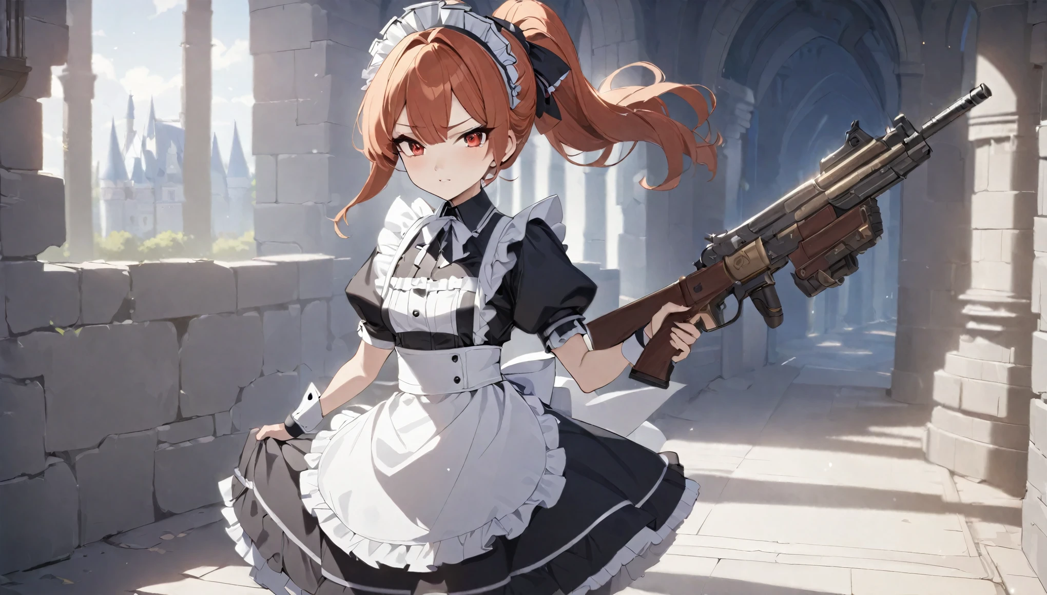 (best quality,4k,8k,highres,masterpiece:1.2),ultra-detailed, (1girl) A cute teenage gunslinger maid with red eyes, drawn in anime style, spiky ginger hair in a long ponytail, victorian fashion, wearing a cute black maid dress with puffy sleeves, corset, tactical gear, light armour, petticoat, bloomers, a frilly headband, a frilly white apron, high-heel boots, ribbons, wielding a gun, steampunk style, guarding a castle hallway, extremely detailed eyes and face,longeyelashes,volumetric lighting,cinematic lighting,protective posture,dramatic close up,highly detailed texture,intricate details.