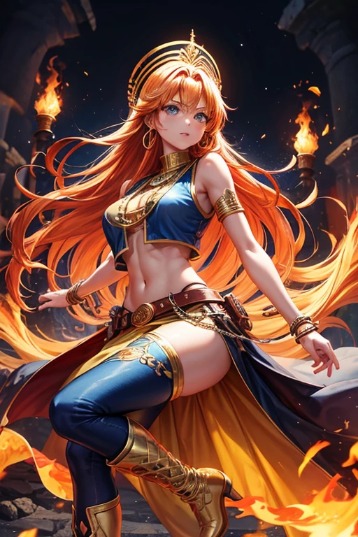Woman about 30 years old, long orange hair, long messy hair, blue eyes, djinn clothing, open yellow sleeveless vest, yellow vest with black Arabic print, golden Arabic pants, golden belt, djinn bracelet with gems, blue boots, brown boots, phosphorescent orange tattoos, surrounded by fire and red smoke with magic circles with chains tied to hands and feet surrounded by white chains on a background of Arab ruins. with magic circles and a crown of fire on his head, slim build
