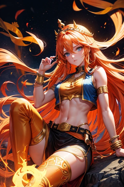 Woman about 30 years old, long orange hair, long messy hair, blue eyes, djinn clothing, open yellow sleeveless vest, yellow vest with black Arabic print, golden Arabic pants, golden belt, djinn bracelet with gems, blue boots, brown boots, phosphorescent orange tattoos, surrounded by fire and red smoke with magic circles with chains tied to hands and feet surrounded by white chains on a background of Arab ruins. with magic circles and a crown of fire on his head, slim build