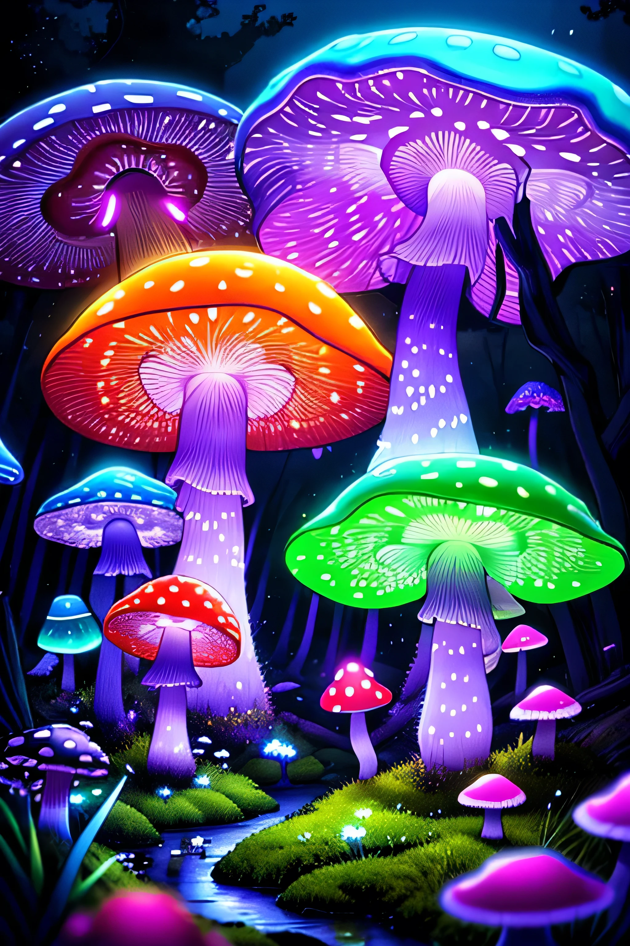 (Very detailed:1.2),(highest quality:1.2),8k,Sharp focus, (Scattered beneath the surface of the water:1.1)、rain、rain、rain、Forest road、(Forest roadが長く続いている)、(Glowing magical bioluminescent mushrooms:1.2),Psychedelic magic particles in the air, (neon bioluminescent mushroom forest at night:1.2), (magic firefly:1.2) (Very detailed trees、Rocks and moss:1.2), (Very detailed background:1.3), roleplaying game, Eldon Ring Style, (Fantasy:1.3),(Surreal:1.1), (((night))), Cinema Lighting, Very detailed, Art Station,Smooth, Sharp focus, Types of bacteria, Greg Rutkoski, Edited selection, trending on Art Station, Trending on deviantart, Knock me out, (By comparison:0.4),
