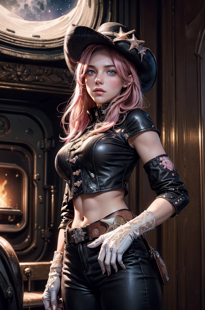 (masterpiece,stunning girlfriend, (standing:1.1), dynamic pose, heart shaped face, elegant face, beautiful face, highly detailed face, highly detailed skin, skin pores, subsurface scattering, realistic pupils, looking at viewer, full lips, detailed background, depth of field, atmospheric perspective, volumetric lighting, sharp focus, absurdres, realistic proportions, good anatomy, (realistic, hyperrealistic:1.4), 16k hdr, neopolitan, neopolitan, long hair, brown hair, (brown eyes:1.3), brown eyes, pink eyes, (heterochromia:1.2), ((two-tone hair, split-color hair, pink hair, brown hair, multicolored hair)), BREAK gloves, hat, navel, detached sleeves, midriff, belt, pants, white gloves, black headwear, bowler hat, fighting pose, BREAK standing inside old steam train, night, stars, moon, post-apocalypse, dystopian future, london in ruins, big ben, crowd, (crowd in military uniforms), bonfires, BREAK looking at viewer, (cowboy shot:1.5), BREAK (masterpiece:1.2), best quality, high resolution, unity 8k wallpaper, (illustration:0.8), (beautiful detailed eyes:1.6), extremely detailed face, perfect lighting, extremely detailed CG, (perfect hands, perfect anatomy)