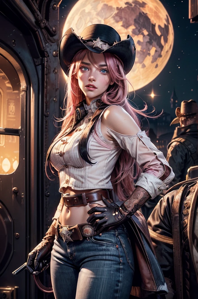 (masterpiece,stunning girlfriend, (standing:1.1), dynamic pose, heart shaped face, elegant face, beautiful face, highly detailed face, highly detailed skin, skin pores, subsurface scattering, realistic pupils, looking at viewer, full lips, detailed background, depth of field, atmospheric perspective, volumetric lighting, sharp focus, absurdres, realistic proportions, good anatomy, (realistic, hyperrealistic:1.4), 16k hdr, neopolitan, neopolitan, long hair, brown hair, (brown eyes:1.3), brown eyes, pink eyes, (heterochromia:1.2), ((two-tone hair, split-color hair, pink hair, brown hair, multicolored hair)), BREAK gloves, hat, navel, detached sleeves, midriff, belt, pants, white gloves, black headwear, bowler hat, fighting pose, BREAK standing inside old steam train, night, stars, moon, post-apocalypse, dystopian future, london in ruins, big ben, crowd, (crowd in military uniforms), bonfires, BREAK looking at viewer, (cowboy shot:1.5), BREAK (masterpiece:1.2), best quality, high resolution, unity 8k wallpaper, (illustration:0.8), (beautiful detailed eyes:1.6), extremely detailed face, perfect lighting, extremely detailed CG, (perfect hands, perfect anatomy)