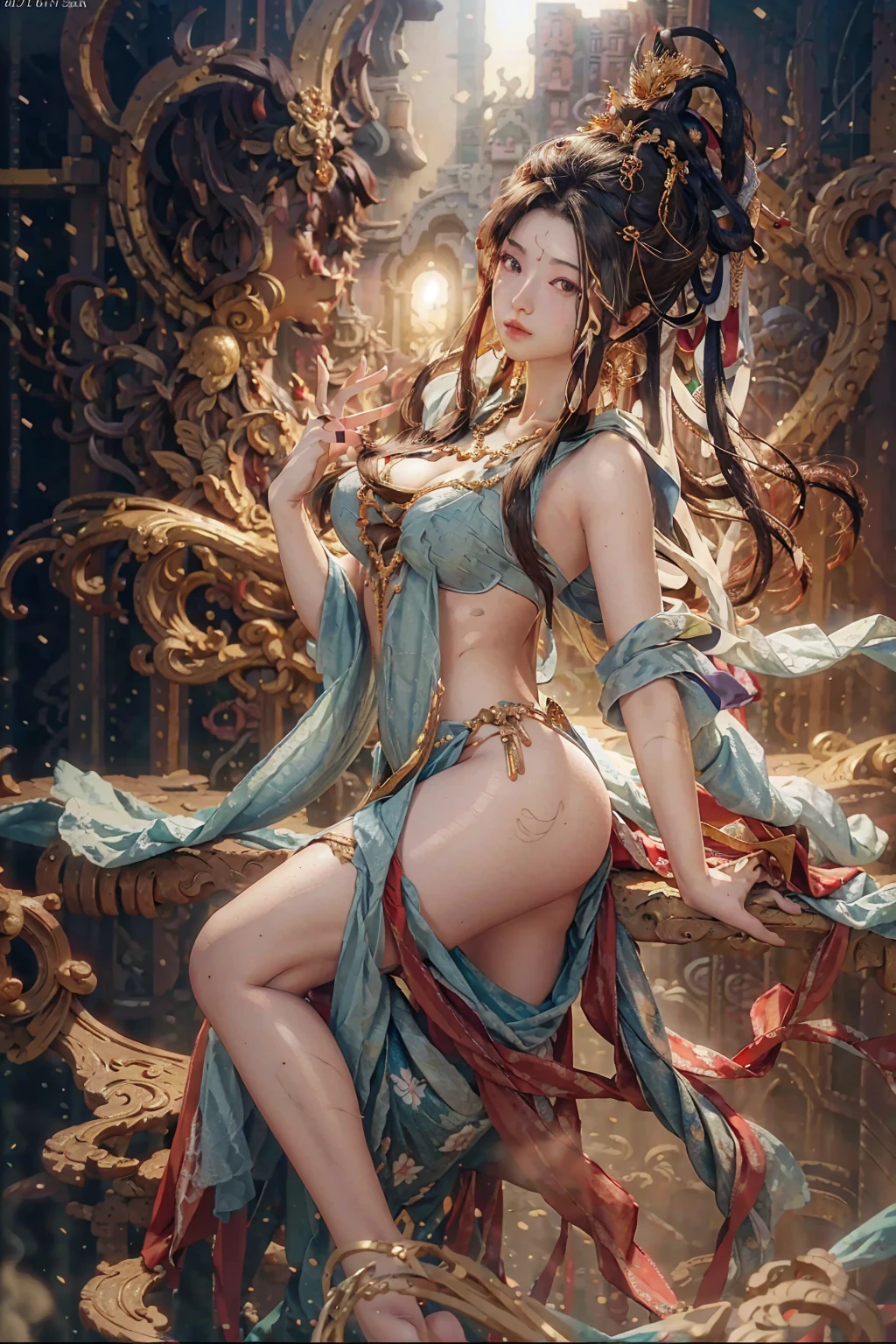 (RAW photo, best quality), (realistic, photo-realistic:1.3),best quality,highly detailed,masterpiece,ultra-detailed,illustration,1girl,upper_body,dynamic angle,world masterpiece theater,messy_long_hair,best quality,extremely detailed CG unity 8k wallpaper,ink,Amazing,cinematic lighting,lens_flare, dunhuang_style, (y pose), (full body shot), (naks), (bass), (big asts)