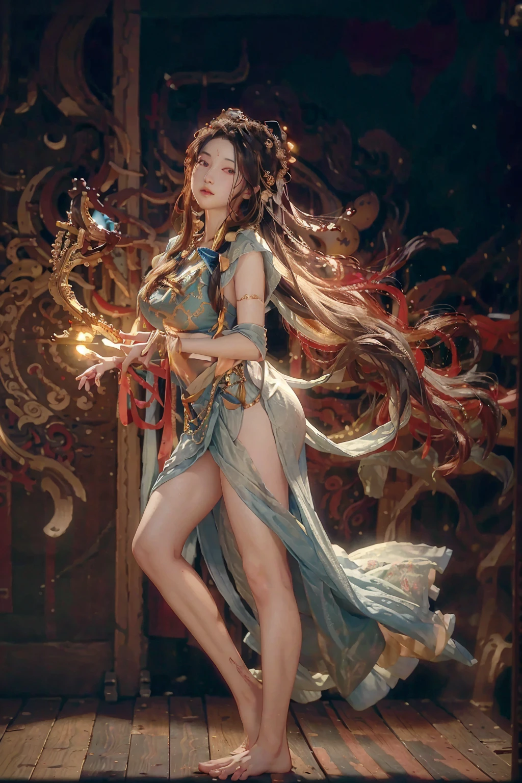 (RAW photo, best quality), (realistic, photo-realistic:1.3),best quality,highly detailed,masterpiece,ultra-detailed,illustration,1girl,upper_body,dynamic angle,world masterpiece theater,messy_long_hair,best quality,extremely detailed CG unity 8k wallpaper,ink,Amazing,cinematic lighting,lens_flare, dunhuang_style, (sexy pose), (full body shot), (naked ass), (big ass), (big breasts)