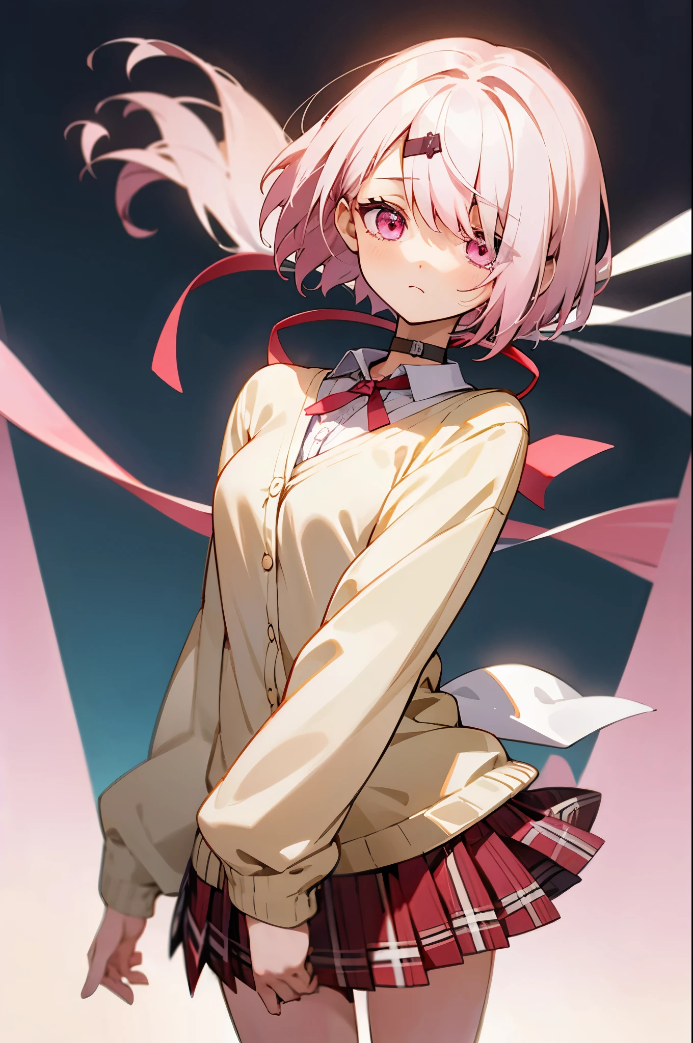 A delicate anime-style character inspired by the new set of images. She has short, light pink hair with a simple hair clip, large expressive pink eyes, and a gentle, calm expression. Her outfit consists of a  with a white blouse, pink ribbon, and a beige cardigan, paired with a red plaid skirt. Include accessories like a small choker and hair ribbons. The character should appear in a relaxed and introspective pose, capturing a soft and serene atmosphere.