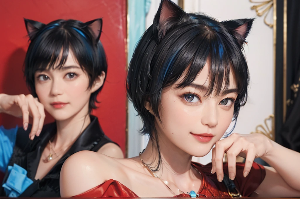 ((1 Woman)), (((black short hair cat ears))), (Masseter muscle tablets:1,2)、Top quality、masterpiece、High resolution、The original、highly detailed wallpaper、Dress code、luxury necklace, Smile、a small face、(Chest D cup)、(Red or blue dress)、Live action style