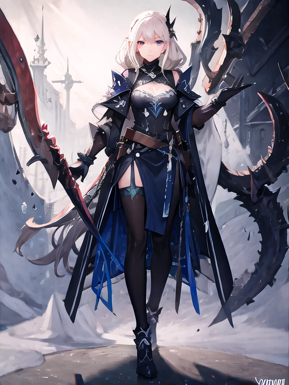 Design a layout showcase Gaming character, (1girl). Golden+Purle clothes, stylish and unique, ((showcase weapon:1.4)), magic staff, (masterpiece:1.2), (best quality), 4k, ultra-detailed, (Step by step design, layout art:1.5), (luminous lighting, atmospheric lighting), magican, ((glove full hands)), (((revealing clothes:1.3))), vambraces, armored legwear, (((full_body_shot:1.4)))