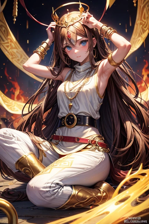 Woman about 30 years old, long brown hair, long messy hair, blue eyes, djinn clothing, open white sleeveless vest, white vest with yellow Arabic print, golden Arabic pants, golden belt, djinn bracelet with gems, blue boots, brown boots, phosphorescent yellow tattoos, surrounded by fire and red smoke with magic circles with chains tied to hands and feet surrounded by white chains on a background of Arab ruins. with magic circles and a crown of fire on his head, slim build