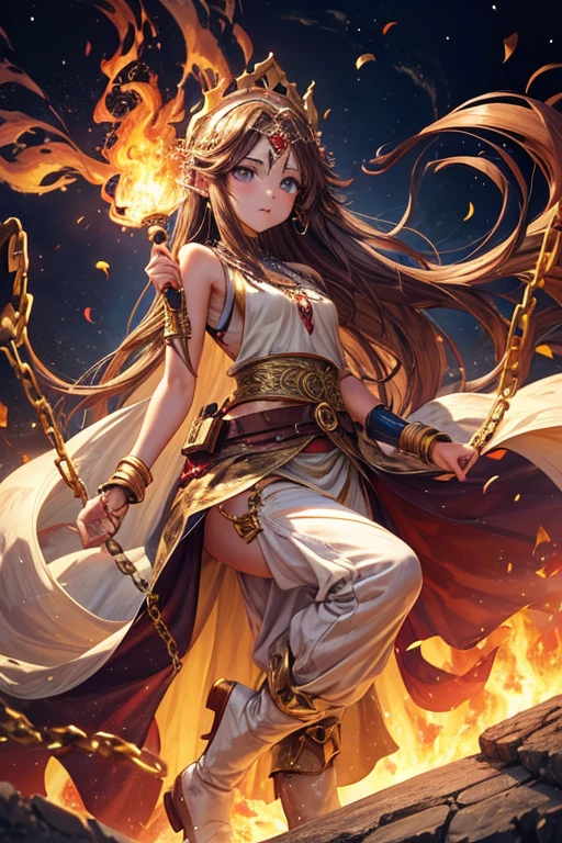 Woman about 30 years old, long brown hair, long messy hair, blue eyes, djinn clothing, open white sleeveless vest, white vest with yellow Arabic print, golden Arabic pants, golden belt, djinn bracelet with gems, blue boots, brown boots, phosphorescent yellow tattoos, surrounded by fire and red smoke with magic circles with chains tied to hands and feet surrounded by white chains on a background of Arab ruins. with magic circles and a crown of fire on his head, slim build