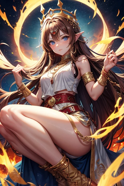 Woman about 30 years old, long brown hair, long messy hair, blue eyes, djinn clothing, open white sleeveless vest, white vest with yellow Arabic print, golden Arabic pants, golden belt, djinn bracelet with gems, blue boots, brown boots, phosphorescent yellow tattoos, surrounded by fire and red smoke with magic circles with chains tied to hands and feet surrounded by white chains on a background of Arab ruins. with magic circles and a crown of fire on his head, slim build