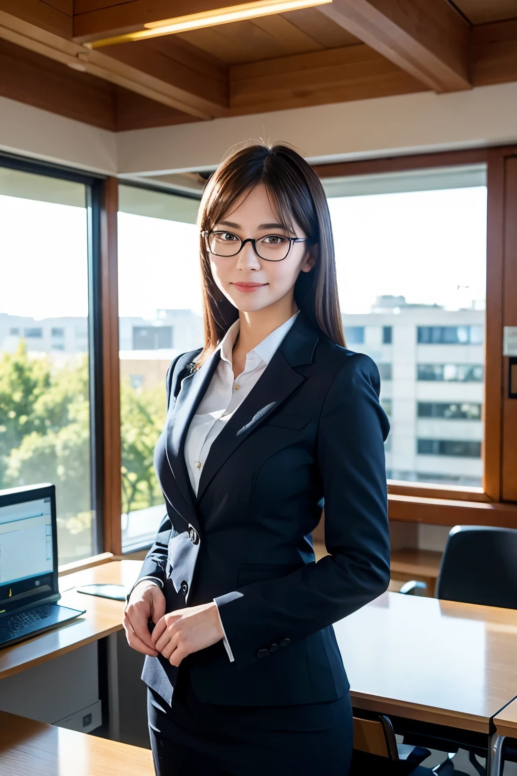 A female boss wearing glasses is satisfied with the work done by her junior. The location is an office, and you can see the entire office. An anime-like image. It seems like only the upper body of the woman is visible.