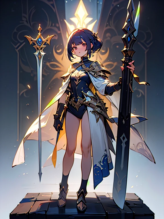 Design a layout showcase Gaming character, (1girl). Golden+Purle clothes, stylish and unique, ((showcase weapon:1.4)), magic staff, (masterpiece:1.2), (best quality), 4k, ultra-detailed, (Step by step design, layout art:1.5), (luminous lighting, atmospheric lighting), magican, ((glove full hands)), (((revealing clothes:1.3))), vambraces, armored legwear, (((full_body_shot:1.4)))
