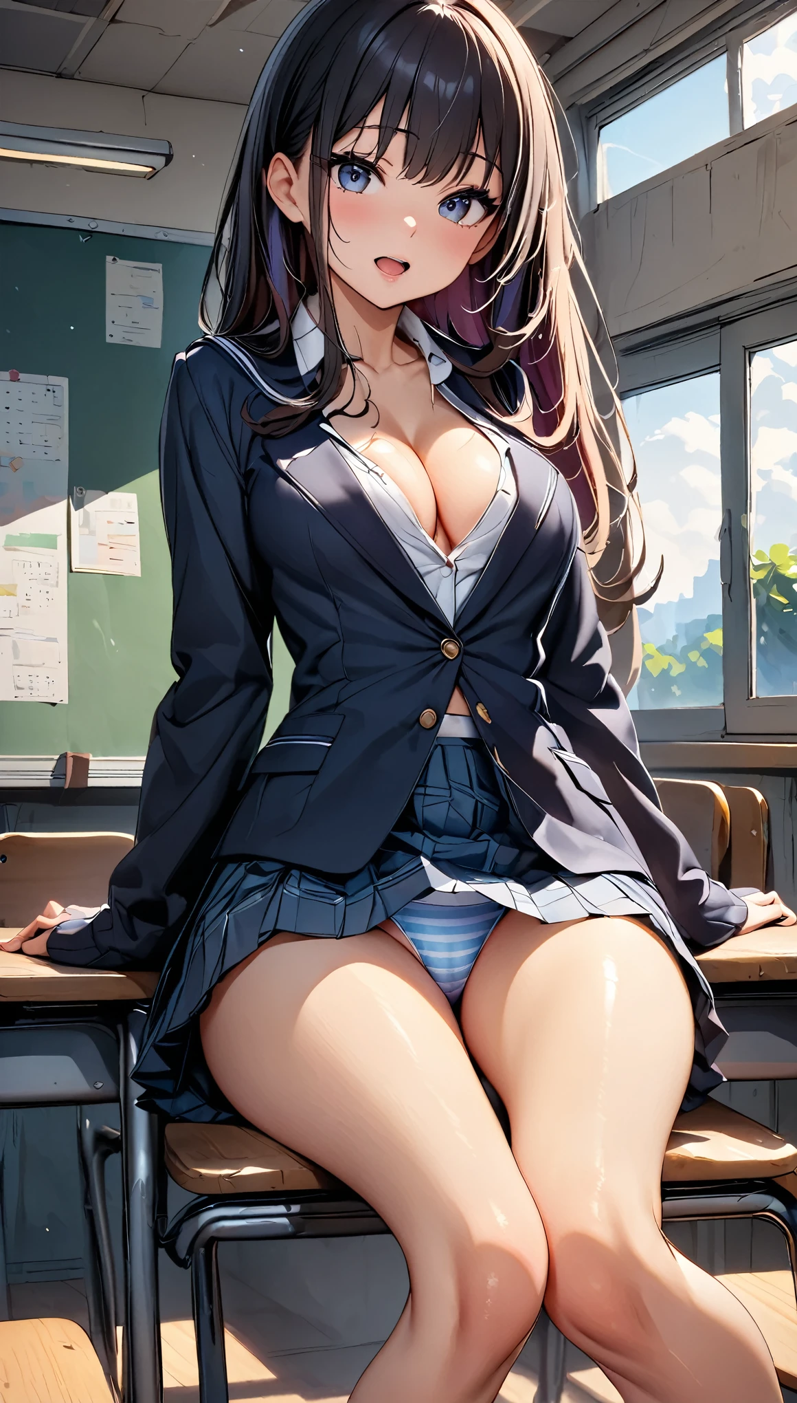(cute eyes), (8K、Best image quality、highest quality、masterpiece)、Detailed face、Improve、(open mouth), (skinny body),(medium breasts), (school uniform),(Light blue striped underwear), (cleavage), Sit on a chair, Classroom Background, (black stockings), (Thighs:1.2), (Waistline:1.2)1.2)