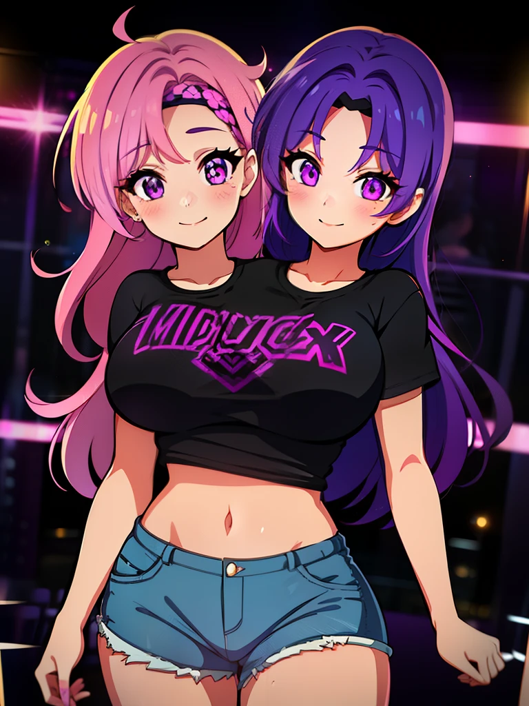 best quality, (masterpiece),(ultra-detailed), (high quality), (high resolution), ((2heads:1.5)), best quality:1.5, highres, UHD, 16K), smiling, highres, masterpiece, ((pink and purple hair)), ((different hair colors)), (long hair), blushing, ((cinematic particles)), blue shorts, cowboy shot, ((black tshirt with purple outlines)), exposed midriff, sharp looking eyes, nightclub, headband
