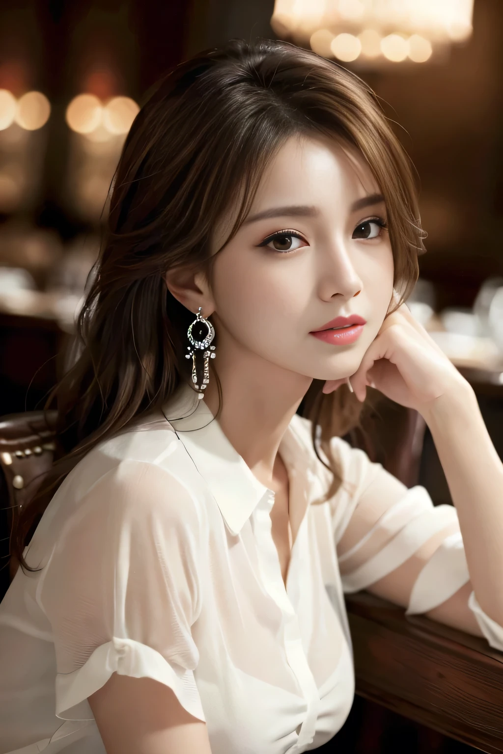 masterpiece, highest quality, Realistic, Very detailed, Finer details, High resolution, 8k wallpaper, One beautiful woman, Wear an elegant see-through shirt, In a great restaurant, At night, Light brown messy hair, Perfect dynamic composition, Beautiful and beautiful eyes、Big earrings、Sitting in a chair、Back view、
