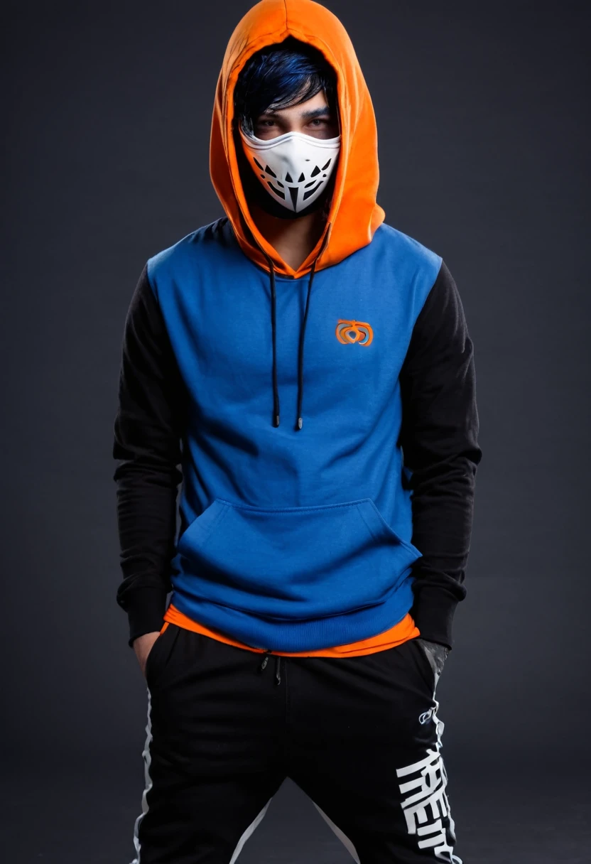 Guy with half blue, half black hair, half orange and half white hood, half blue, half white logo pants and a mask covering the mouth, thief style