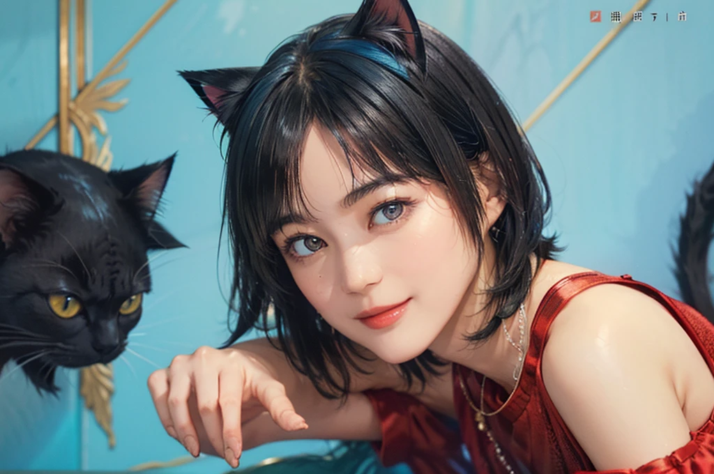 ((1 Woman)), (((black short hair cat ears))), (Masseter muscle tablets:1,2)、Top quality、masterpiece、High resolution、The original、highly detailed wallpaper、Dress code、luxury necklace, Smile、a small face、(Medium chest)、(Red or blue dress)、Live action style