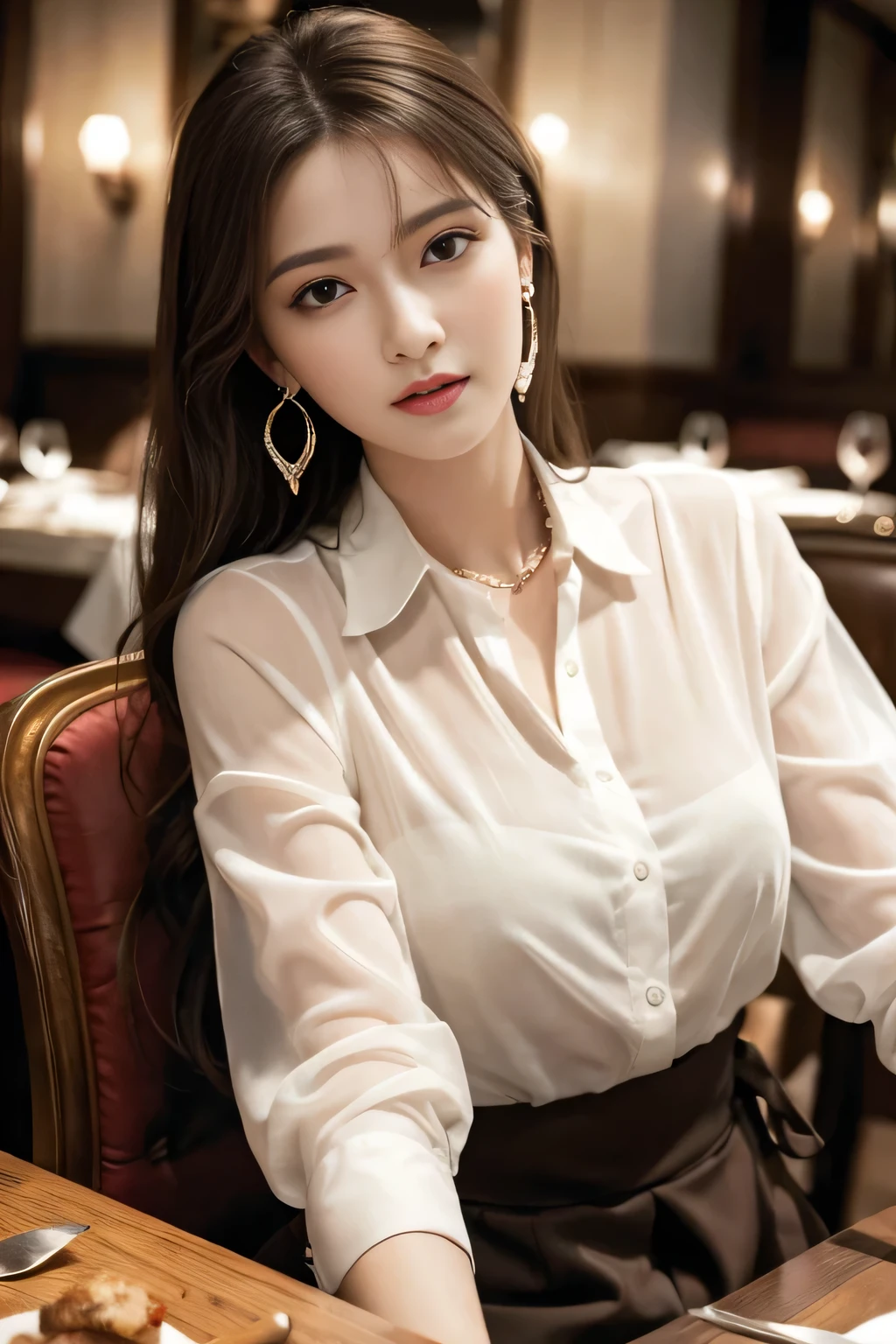 masterpiece, highest quality, Realistic, Very detailed, Finer details, High resolution, 8k wallpaper, One beautiful woman, Wear an elegant see-through shirt, In a great restaurant, At night, Light brown messy hair, Perfect dynamic composition, Beautiful and beautiful eyes、Big earrings、Sitting in a chair、
