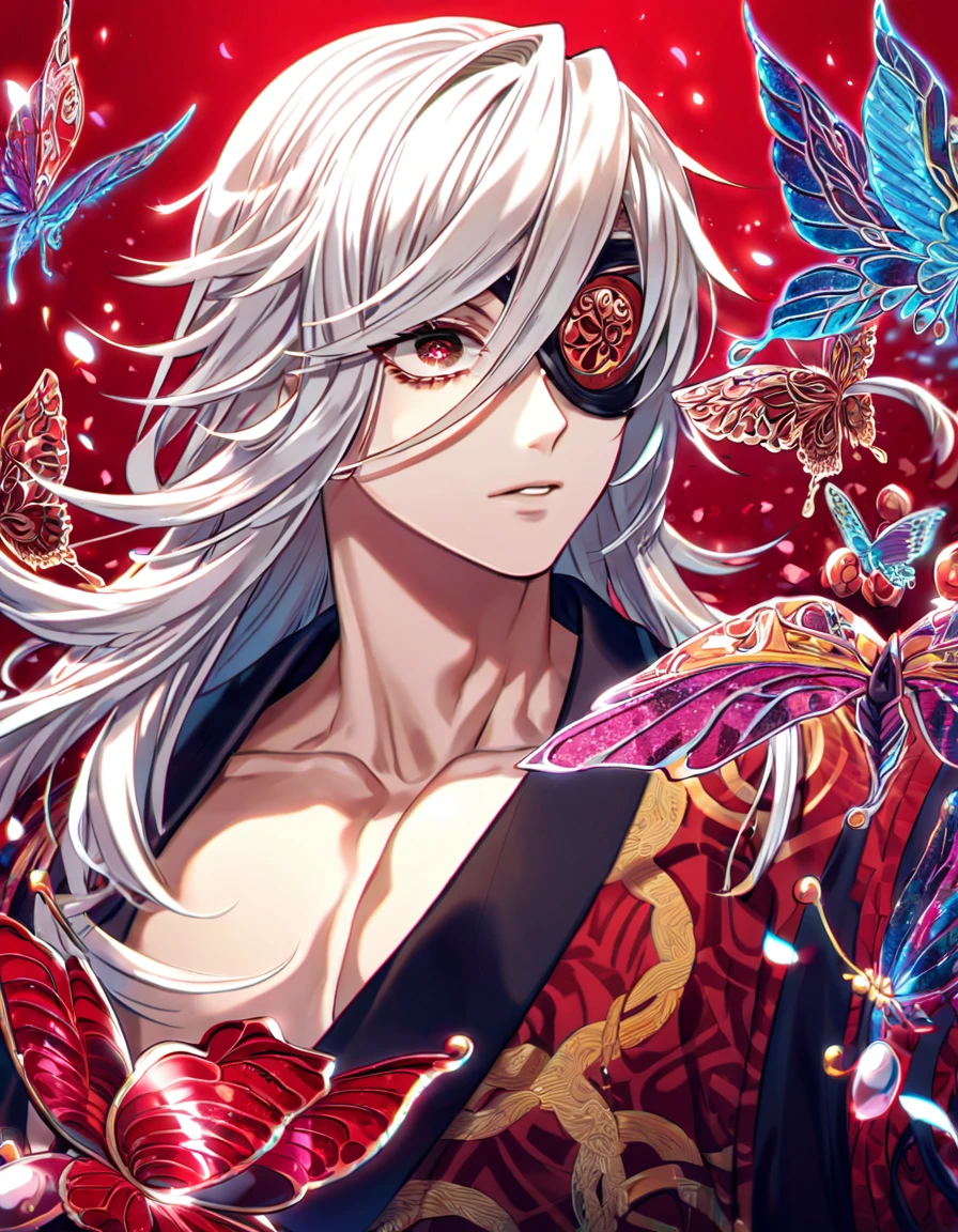 Ultra detailed, Highres, absurdres, HDR, Uzui Tengen, white hair, medium length hair, expressive maroon eye, black eye patch, black scarf with patterns, maroon kimono, Kimetsu No Yaiba, glittering red butterflies, petals, handsome, sexy man, solo, very detailed eyes and face, master piece, toned chest, glittering, fantasy, red forest, glass sculptures, red background