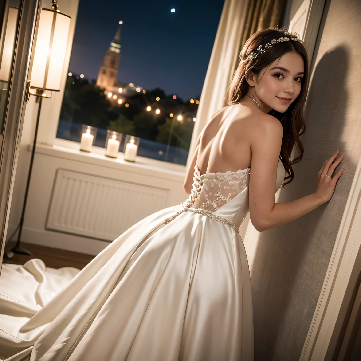 (best quality, high definition, masterpiece:1.2,), Illustration, night, 1girl, full body, (wedding dress), arm behind back, waiting for kiss, looking at viewer, happy, blush