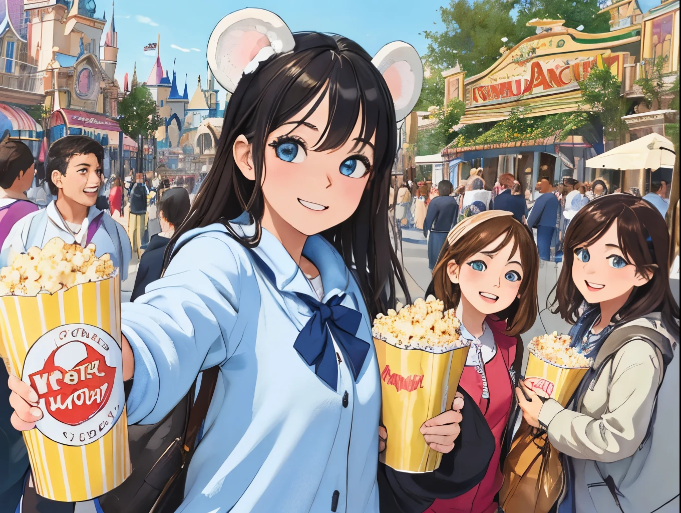 highest quality, highest quality, High-quality illustrations, masterpiece, Ultra-high resolution, Detailed Background, Detailed Background, Popcorn、amusement park, Disneyland, Group shot:0.5, 6+boy, 6+girl, Popcornを持っている、Happy, Joyful, Absurd(Very exquisite beautiful face and eyes)Perfect Anatomy(A photo I took with my friends)(kemono, Furry Personification)Selfie:0.5,