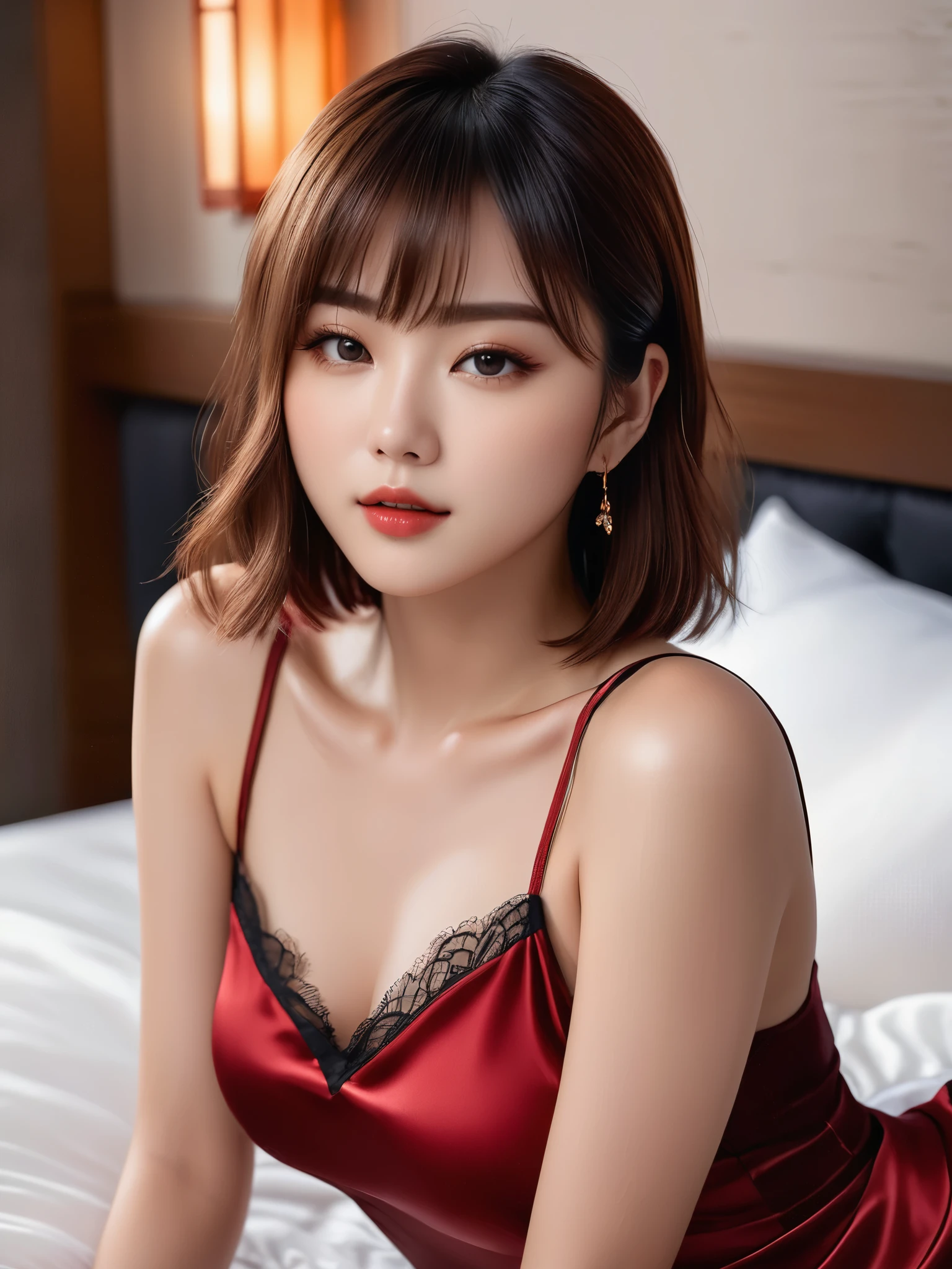 masterpiece, 1 woman per 1photo, full body shot, front view, a Japanese young pretty woman, hyper pretty face, 18 years old, short hair, sitting on a silk bed, wearing only a sleeveless silky satin deep red with black laces, busty, wet body, glossy lips, glamorous figure, silk pillow, silk bed sheets, double eyelids in both eyes, natural makeup, long eyelashes, shiny smooth light brown hair, asymmetrical bangs, fair skin, central image, 8K resolution, high detail, detailed hairstyle, detailed face, spectacular cinematic lighting, octane rendering, vibrant, hyper realistic, perfect limbs, perfect anatomy