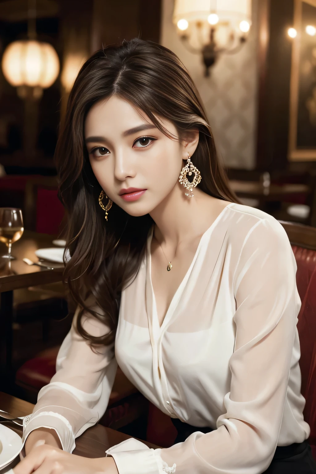 masterpiece, highest quality, Realistic, Very detailed, Finer details, High resolution, 8k wallpaper, One beautiful woman, Wear an elegant see-through shirt, In a great restaurant, At night, Light brown messy hair, Perfect dynamic composition, Beautiful and beautiful eyes、Big earrings、Sitting in a chair、