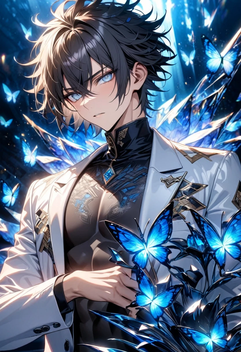 absurdres, highres, ultra detailed, HDR, master piece, best quality, Kougami Shinya, black messy hair, with bangs, expressive gray eyes, psycho pass, solo, sexy man, handsome, toned chest, white jacket, black shirt, patterns, magical, fantasy, blue background, blue lotus, shining, blue petals, blue glittering butterflies, glass sculptures