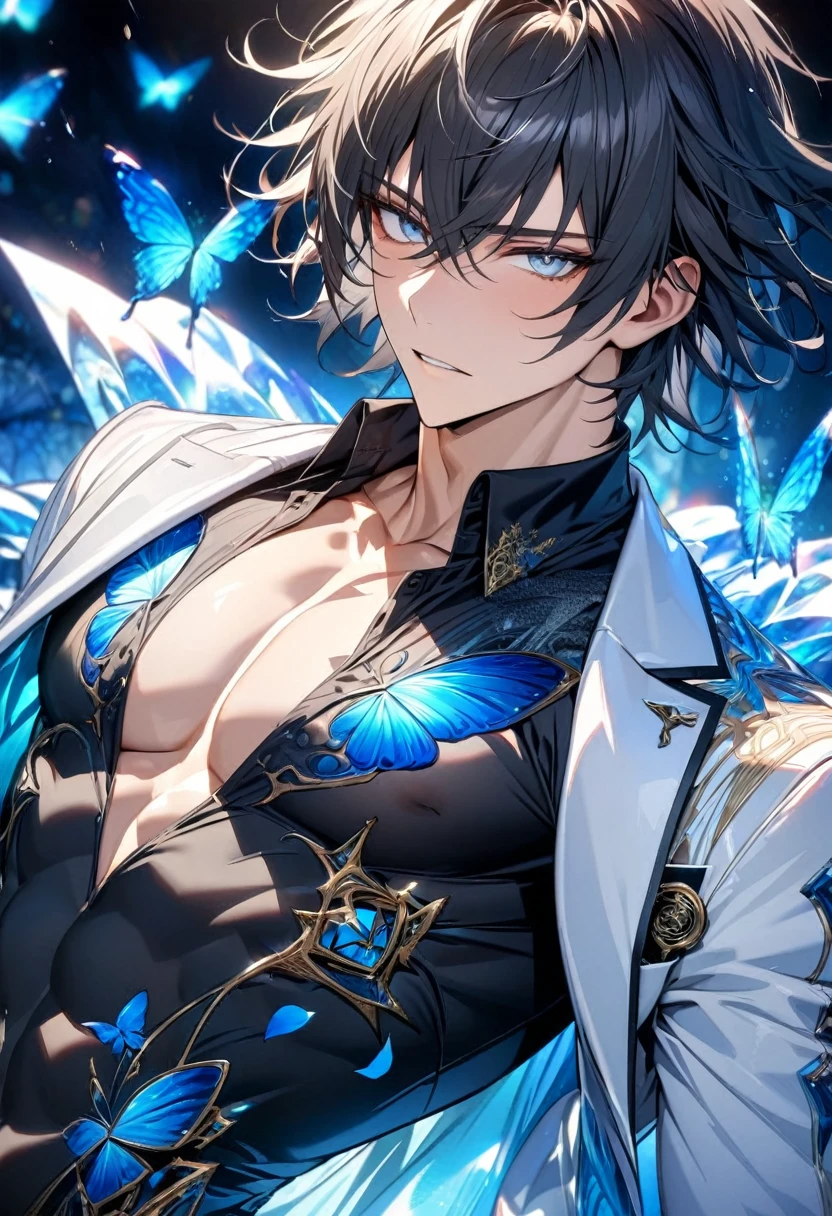 absurdres, highres, ultra detailed, HDR, master piece, best quality, Akaashi Keiji, black hair, expressive dark blue eyes, haikyuu, solo, sexy man, handsome, toned chest, white jacket, black shirt, patterns, magical, fantasy, blue background, blue lotus, shining, blue petals, blue glittering butterflies, glass sculptures