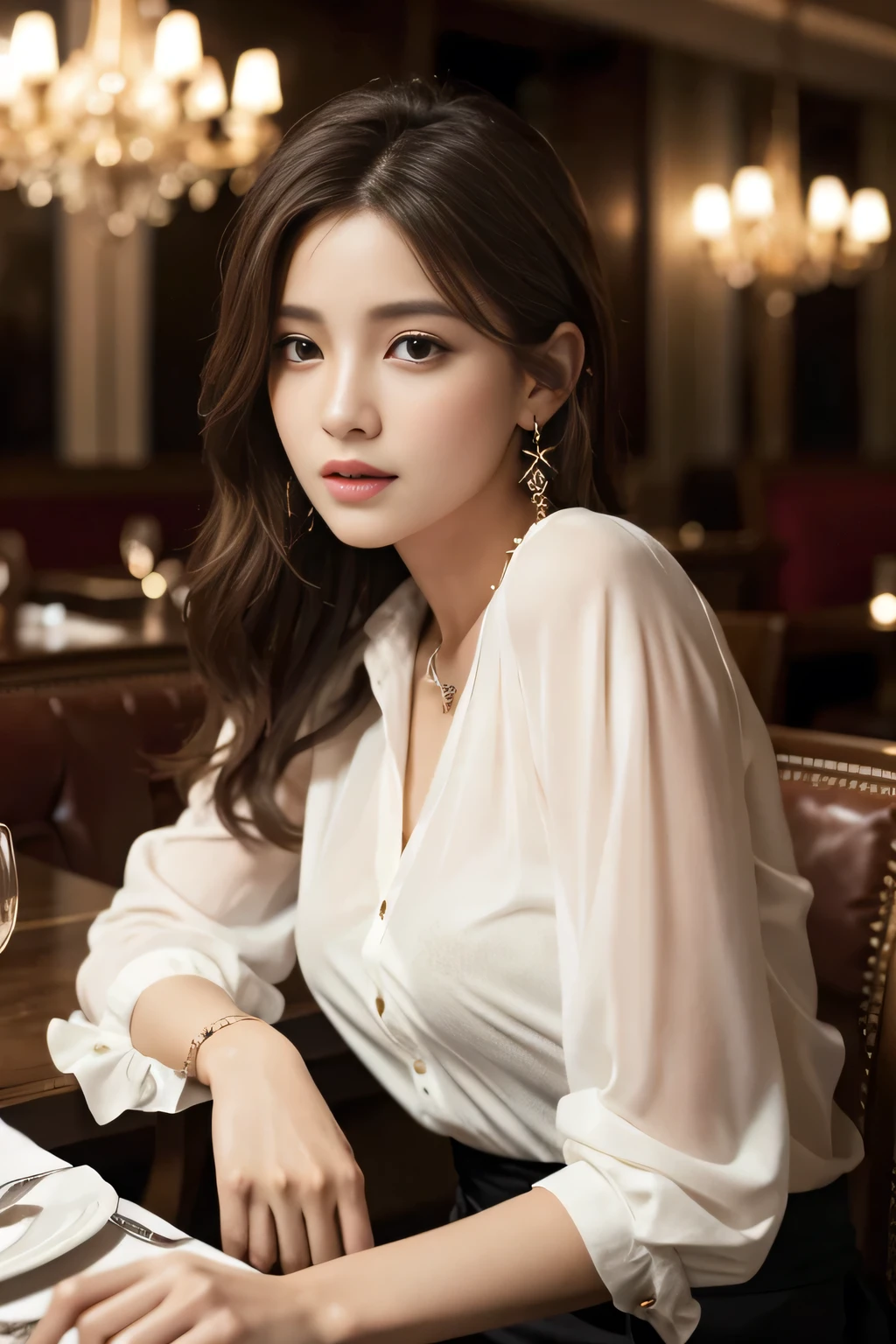 masterpiece, highest quality, Realistic, Very detailed, Finer details, High resolution, 8k wallpaper, One beautiful woman, Wear an elegant see-through shirt, In a great restaurant, At night, Light brown messy hair, Perfect dynamic composition, Beautiful and beautiful eyes、Big earrings、Sitting in a chair、
