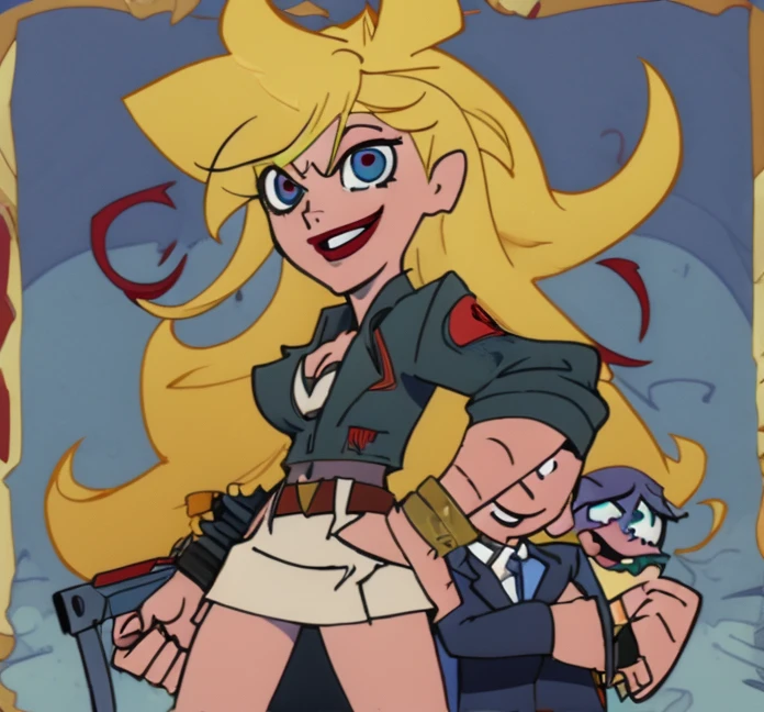 Eris holding Large Handgun on Jacksonville Florida, Devil Eye, No Pupil, Happy and Smile, Large Muscle, Bigger Extra Breasts, Straightjacket, Style of Panty and Stocking with Garterbelt 