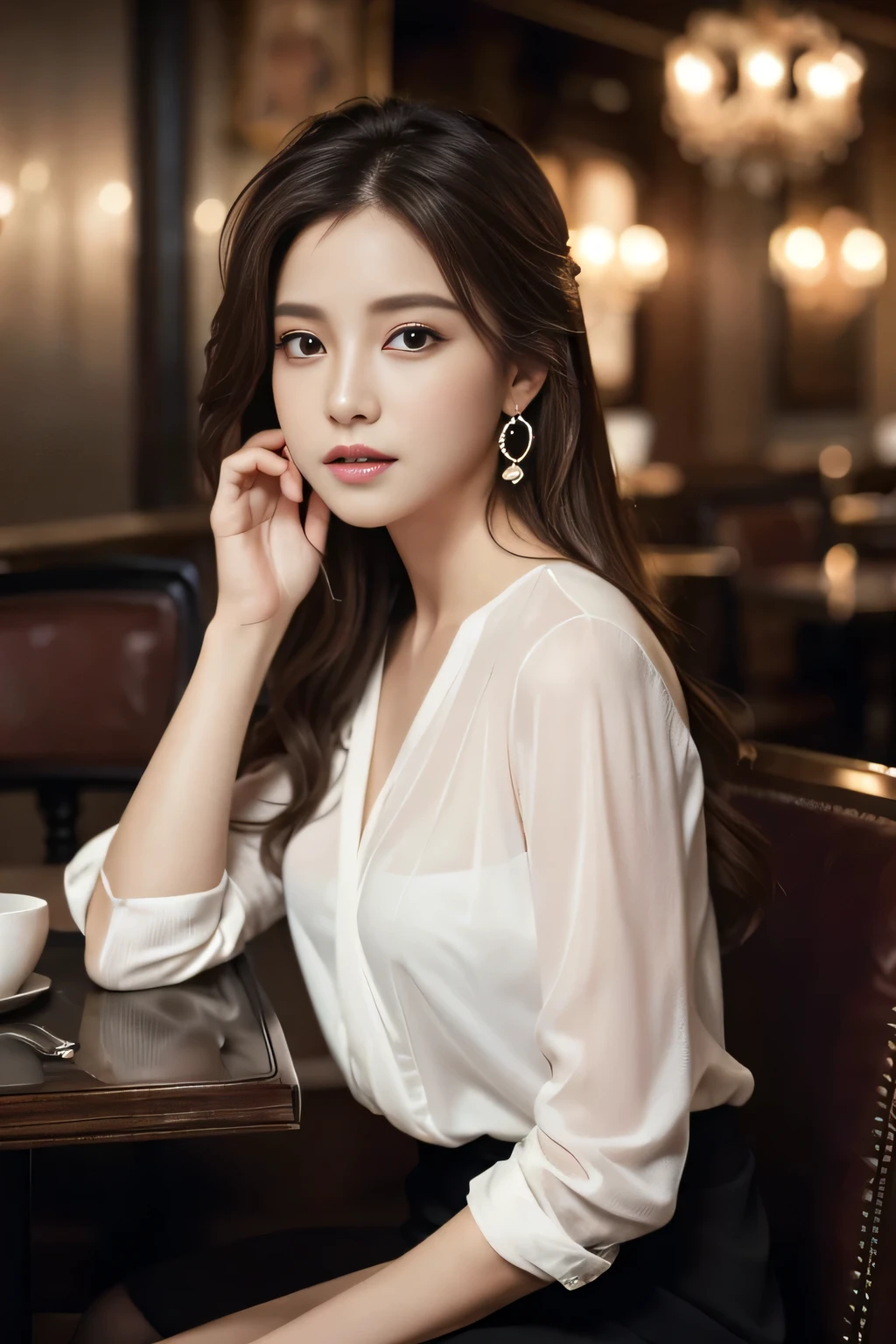 masterpiece, highest quality, Realistic, Very detailed, Finer details, High resolution, 8k wallpaper, One beautiful woman, Wear an elegant see-through shirt, In a great restaurant, At night, Light brown messy hair, Perfect dynamic composition, Beautiful and beautiful eyes、Big earrings、Sitting in a chair、