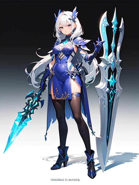 esign a layout showcase Gaming character, (1girl). Purple+Silver clothes, mystical and shimmering, ((showcase weapon:1.4)), enchanted mirror, (masterpiece:1.2), (best quality), 4k, ultra-detailed, (Step by step design, layout art:1.5), (glowing lighting, mysterious setting), enchantress, ((glimmering gloves)), (((revealing outfit:1.3))), enchanted vambraces, glittering boots, (((full_body_shot:1.4)))
