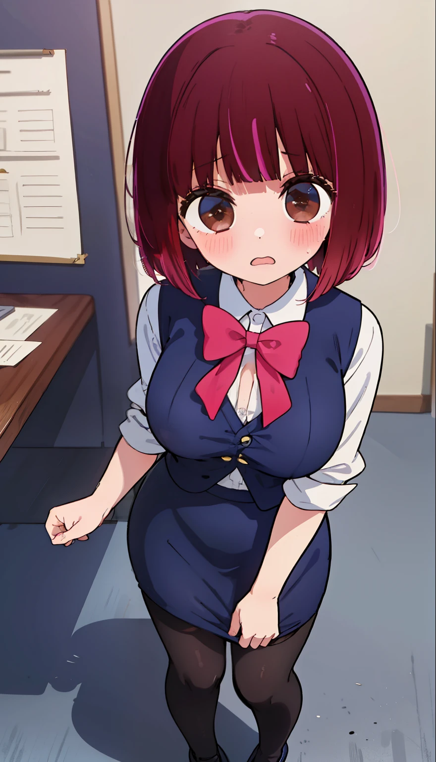 highest quality, Flying debris、Beautiful woman、Office Lady、Black Hair、(Brown eyes、Big Breasts、Blunt bangs)、short hair、Dark blue checked office suit)、new employee,Full Body Shot、Female office lady、break(Dark blue checked vest、White dress shirt、Navy blue mini tight pencil skirt:1.2)、(Black Pantyhose、garter belt、High heels)、break(office:1.3)、Cleavage、Shirt buttons fly off、Absolute area、Blushing、Embarrassed、Standing posture、Open your mouth、Exposing the breasts、Bare your breasts、No panties、No bra、Nipples are visible、Expose the nipple