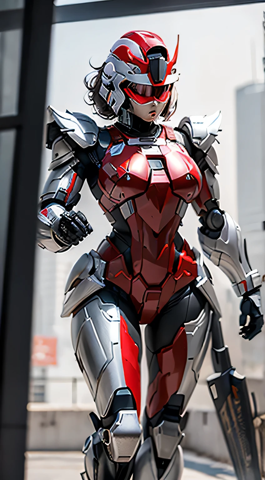 Female Robocop Solo、Bright outdoors、strong light source、8k, high quality, masterpiece, 最high quality、Very detailed、Full body armor、Very large armor、Helmet covering the head、Clear photos、The eyes are pale, Straight Goggles:1.3、The lower half of the face is meat:1.5、Human skin is exposed from the nose to the face.:5.0、Seductive lips、Clear red metallic armor、Armor that completely covers the chest、length, Thin legs、Clear, poseable body views,Big and ample breasts:1.5, (Sports Body:1.5)、Five Fingers、Photos of the city