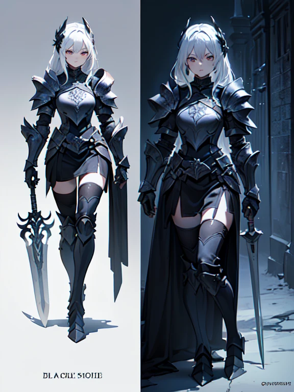 Design a layout showcase Gaming character, (1girl). Black+Gold clothes, opulent and dark, ((showcase weapon:1.4)), cursed blade, (masterpiece:1.2), (best quality), 4k, ultra-detailed, (Step by step design, layout art:1.5), (gloomy lighting, cursed atmosphere), dark knight, ((cursed gloves)), (((revealing armor:1.3))), dark vambraces, cursed boots, (((full_body_shot:1.4)))