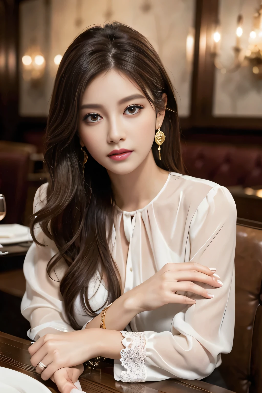 masterpiece, highest quality, Realistic, Very detailed, Finer details, High resolution, 8k wallpaper, One beautiful woman, Wear an elegant see-through blouse, In a great restaurant, At night, Light brown messy hair, Perfect dynamic composition, Beautiful and beautiful eyes、Big earrings、Sitting in a chair、