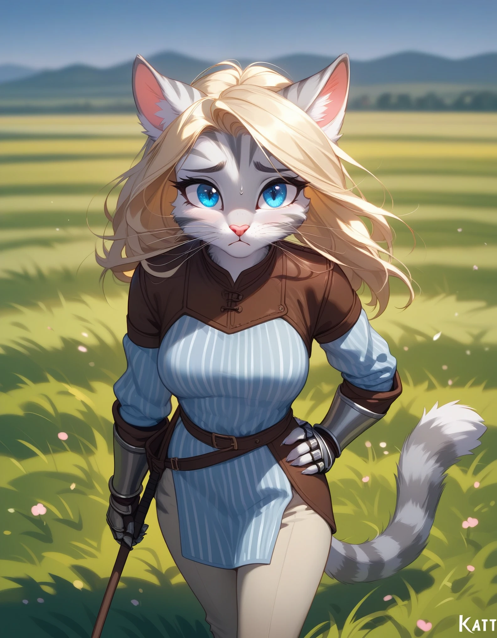 Solo, score_9,score_8_up,score_7_up, source_furry, ((Kat, Anthro furry feline girl, tall body, adult female, blue eyes, silver fur, grey stripes, blonde hair with pony tail, :3, white whiskers, pink nose)), wearing simple blue long sleeve tunic, brown leather gauntlets, light brown fitted pants, brown wedge heel boots, standing, one hand on hip, sad eyes, eyes half open, mouth open, visible sigh, breathe puff, she is sweating, simple outdoors grassy field hot day background, full body shot, 