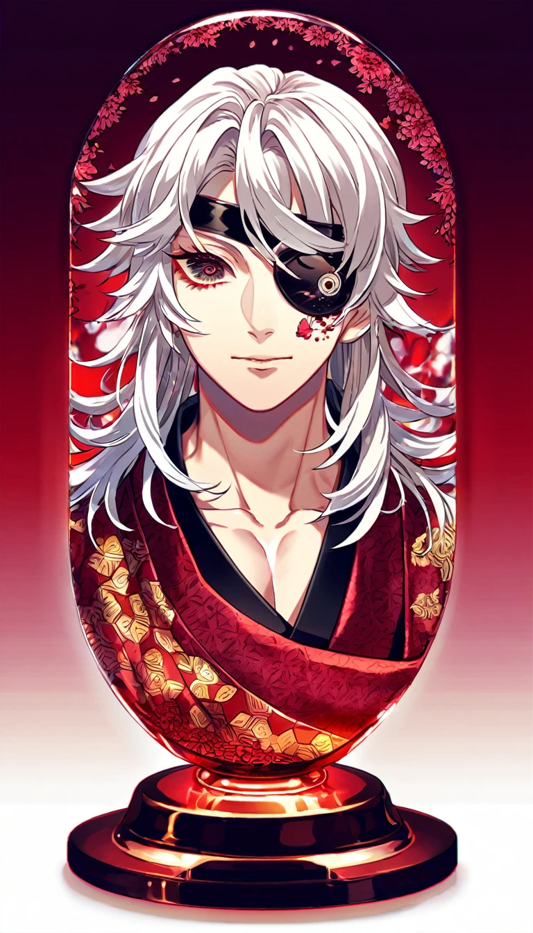 Ultra detailed, Highres, absurdres, HDR, Uzui Tengen, white hair, medium length hair, expressive maroon eye, black eye patch, black scarf with patterns, maroon kimono, Kimetsu No Yaiba, glittering red butterflies, petals, handsome, sexy man, solo, very detailed eyes and face, master piece, toned chest, glittering, fantasy, red forest, glass sculptures, red background