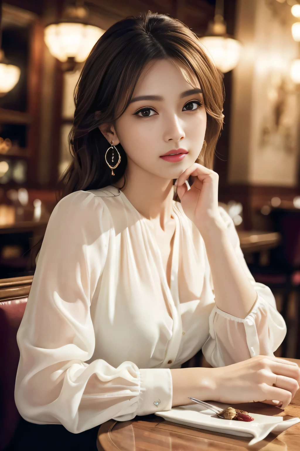 masterpiece, highest quality, Realistic, Very detailed, Finer details, High resolution, 8k wallpaper, One beautiful woman, Wear an elegant see-through blouse, In a great restaurant, At night, Light brown messy hair, Perfect dynamic composition, Beautiful and beautiful eyes、Big earrings、Sitting in a chair、