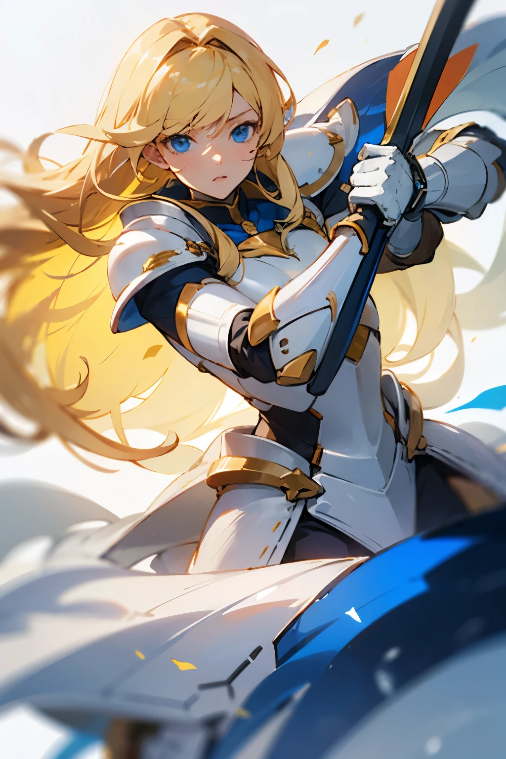 Female, Blonde, blue eyes, white armor, long hair, holding lance